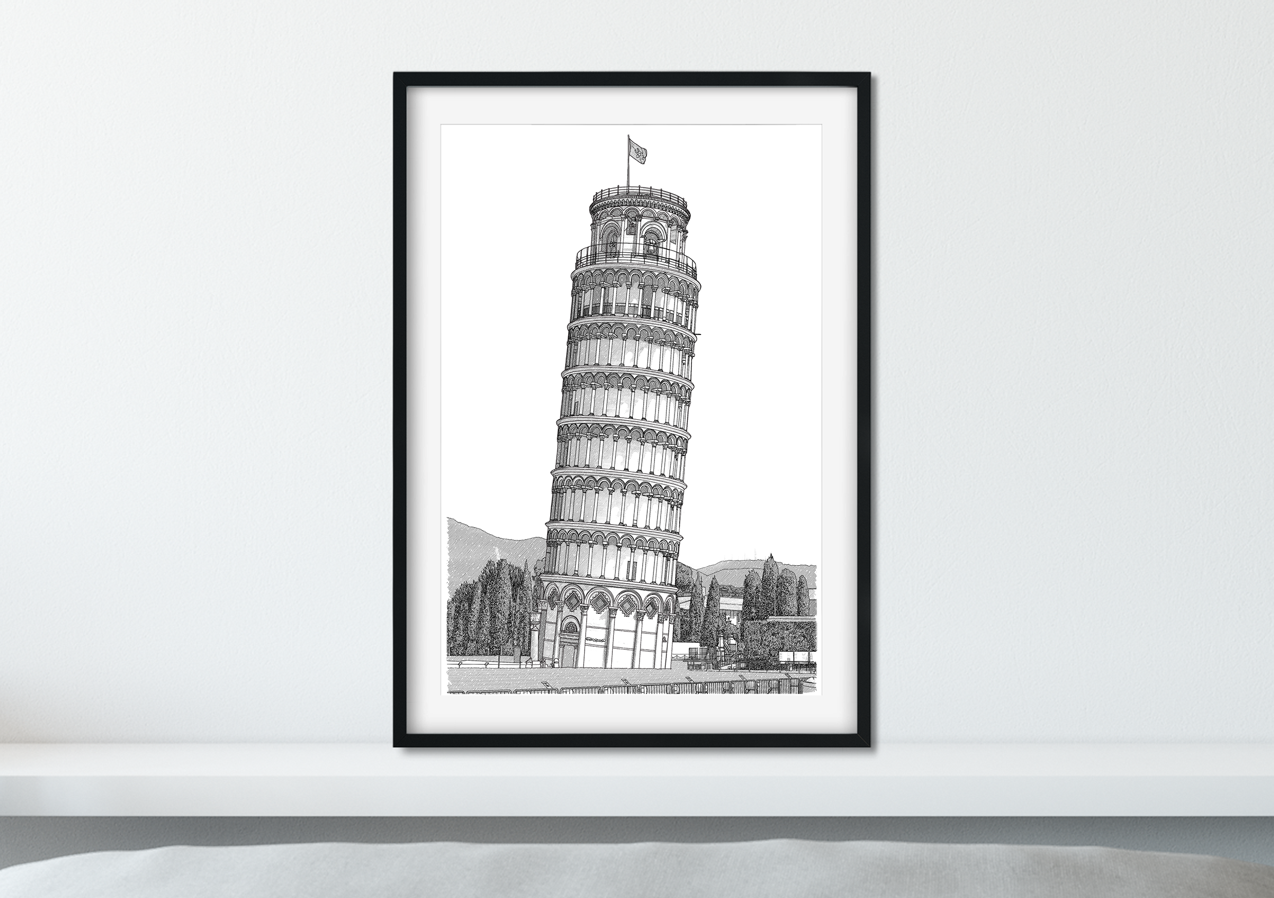Landmark Wall Art - Hand Drawn Wall Art of Famous Landmark Leaning Tower of Pisa, Italy